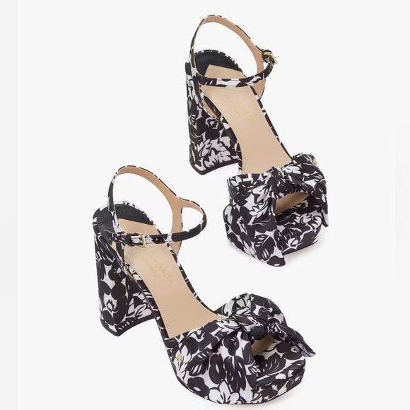 Kate Spade Black & White Print Ankle Strap Block Heel Bow Sandals(Size 11B) - Picture 2 of 10